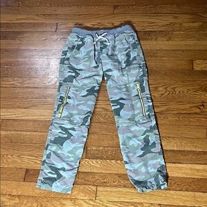 Mini Boden Green Camouflage Joggers with Yellow Zippers
